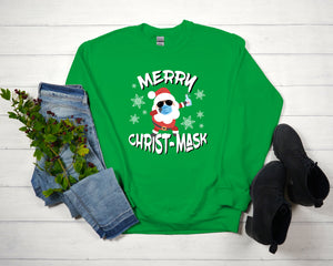 Merry Christ-Mask Santa Sweatshirt, Holiday Pajamas, Quarantine 2020 Group Christmas Sweater, Funny Matching Family Christmas Pajama Sweater