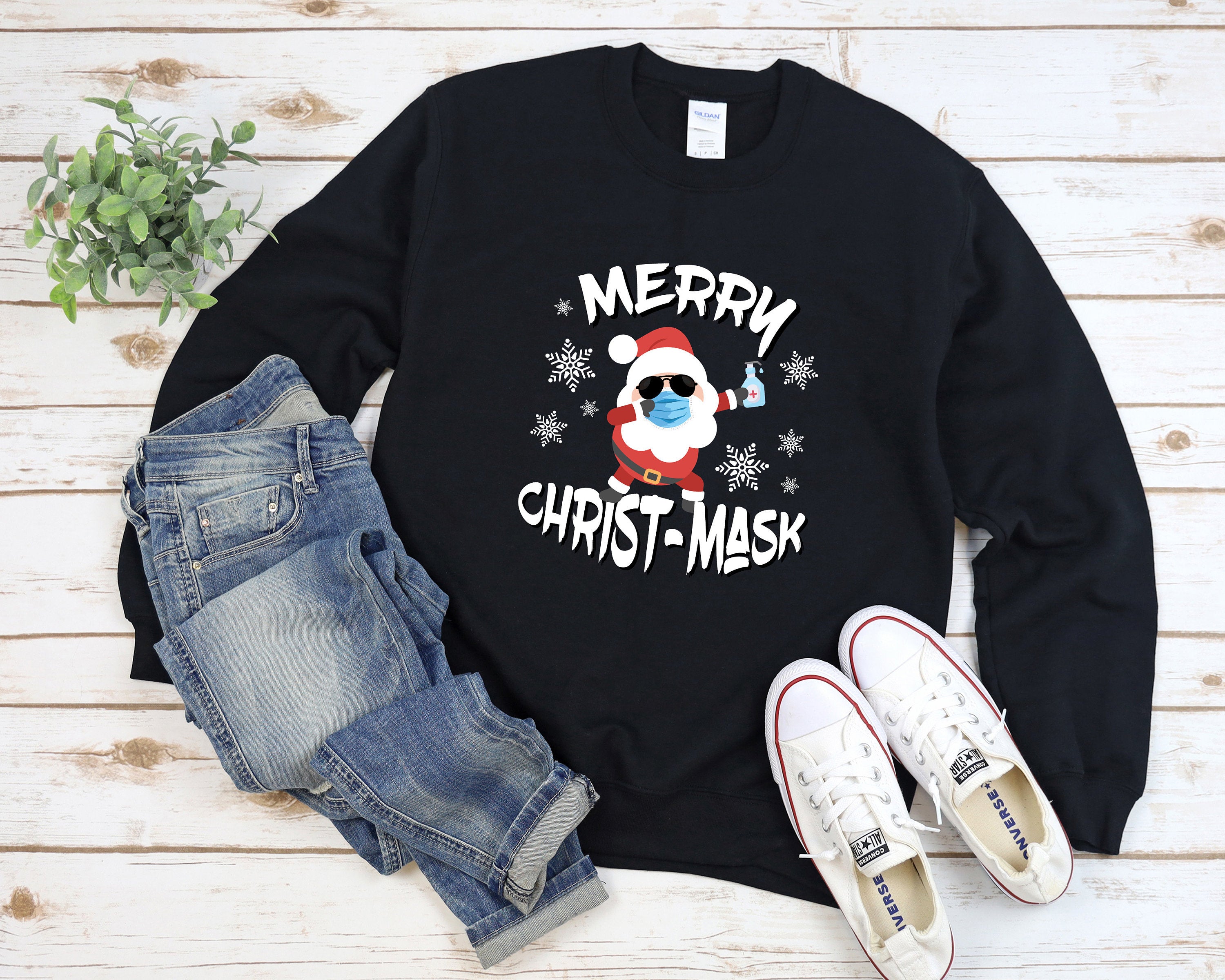 Merry Christ Mask Santa Sweatshirt Holiday Pajamas Quarantine