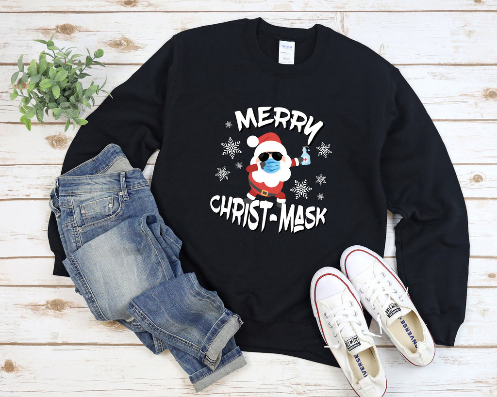 Merry Christ-Mask Santa Sweatshirt, Holiday Pajamas, Quarantine 2020 Group Christmas Sweater, Funny Matching Family Christmas Pajama Sweater