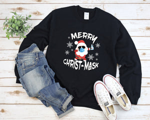 Merry Christ-Mask Santa Sweatshirt, Holiday Pajamas, Quarantine 2020 Group Christmas Sweater, Funny Matching Family Christmas Pajama Sweater