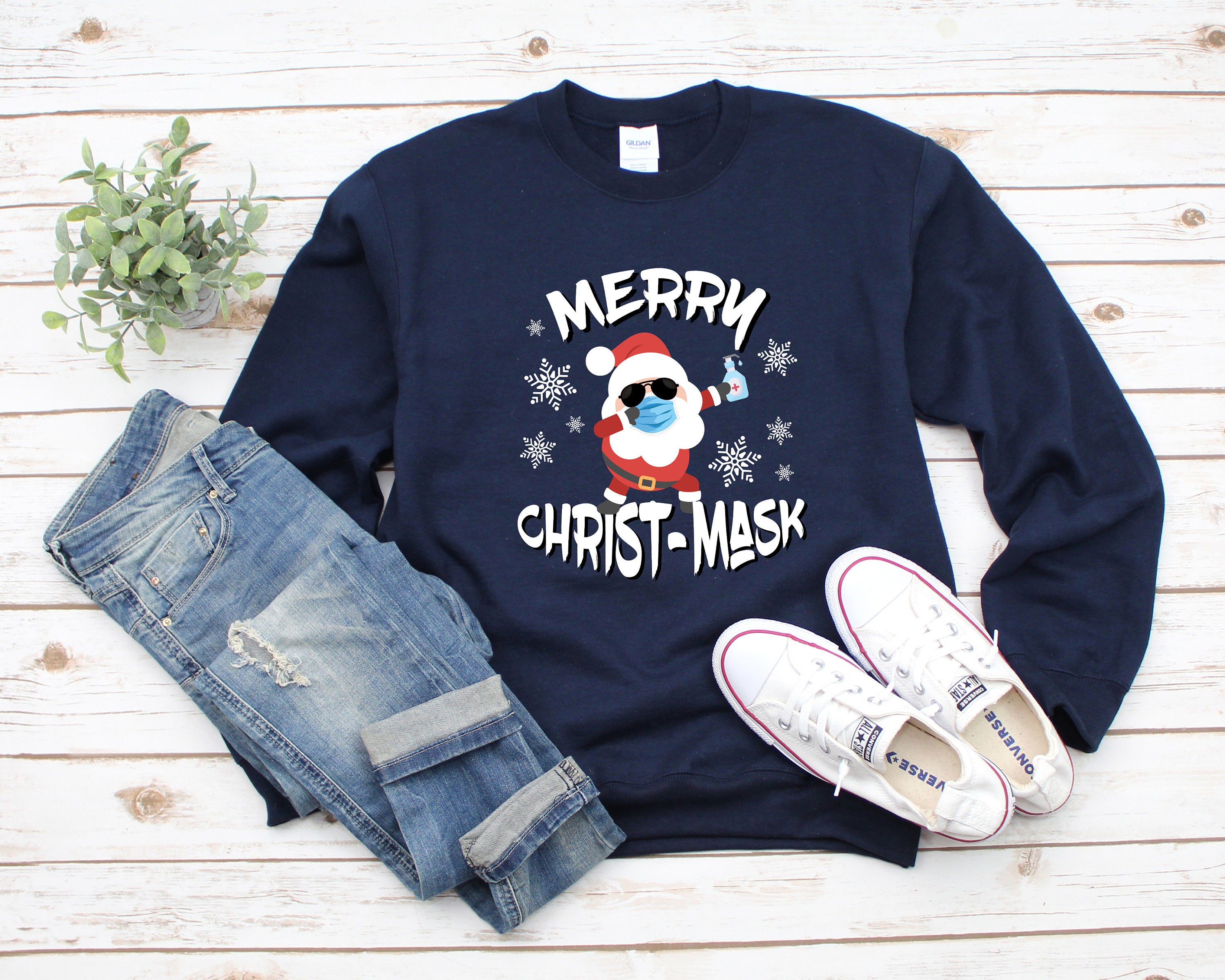 Merry Christ Mask Santa Sweatshirt Holiday Pajamas Quarantine