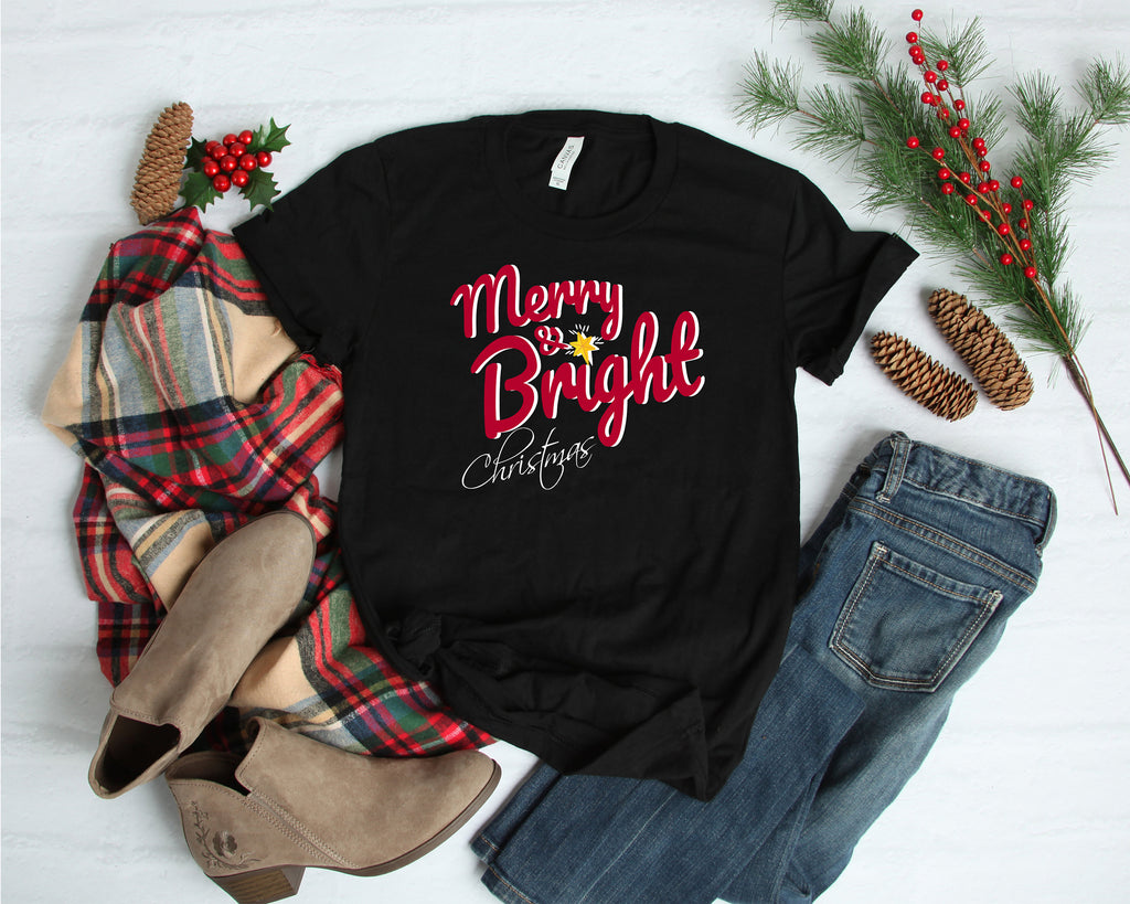 Merry and Bright Christmas T-shirt, Christmas Party T-shirt, Cozy Holiday Shirt, Holiday T-shirt, Colorful Christmas Shirt, Xmas T-hirt